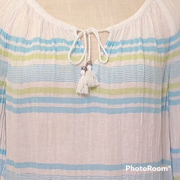 J.Jill small white blue stripe oversized cotton summer tie tassel neck tunic top - Picture 3 of 7